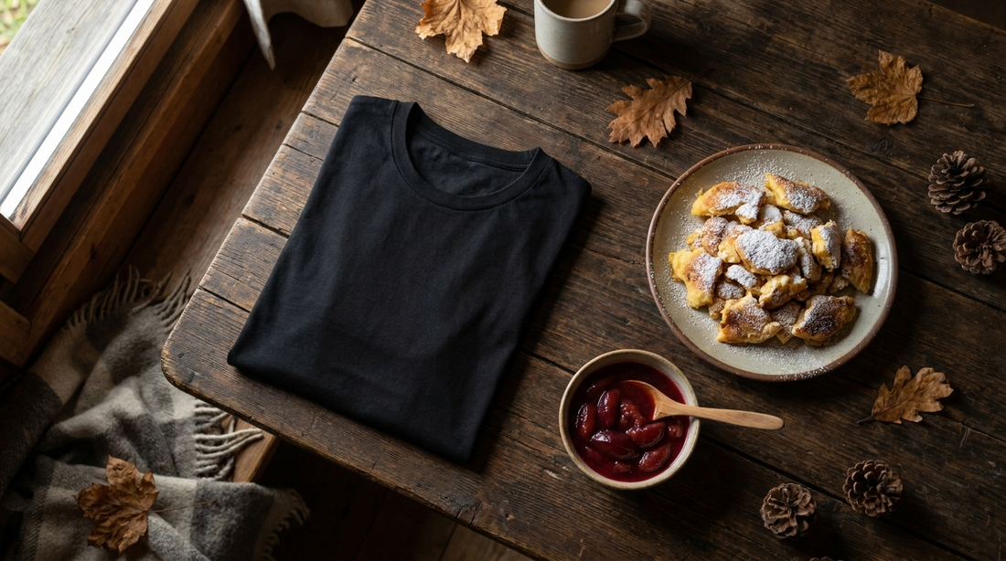 Kaiserschmarrn auf der Almhütte neben gefaltetem schwarzem Kraxelgaudi T-Shirt
