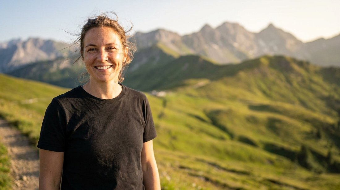 Frau im schwarzen Berg-Shirt vor sonnigem Alpenpanorama