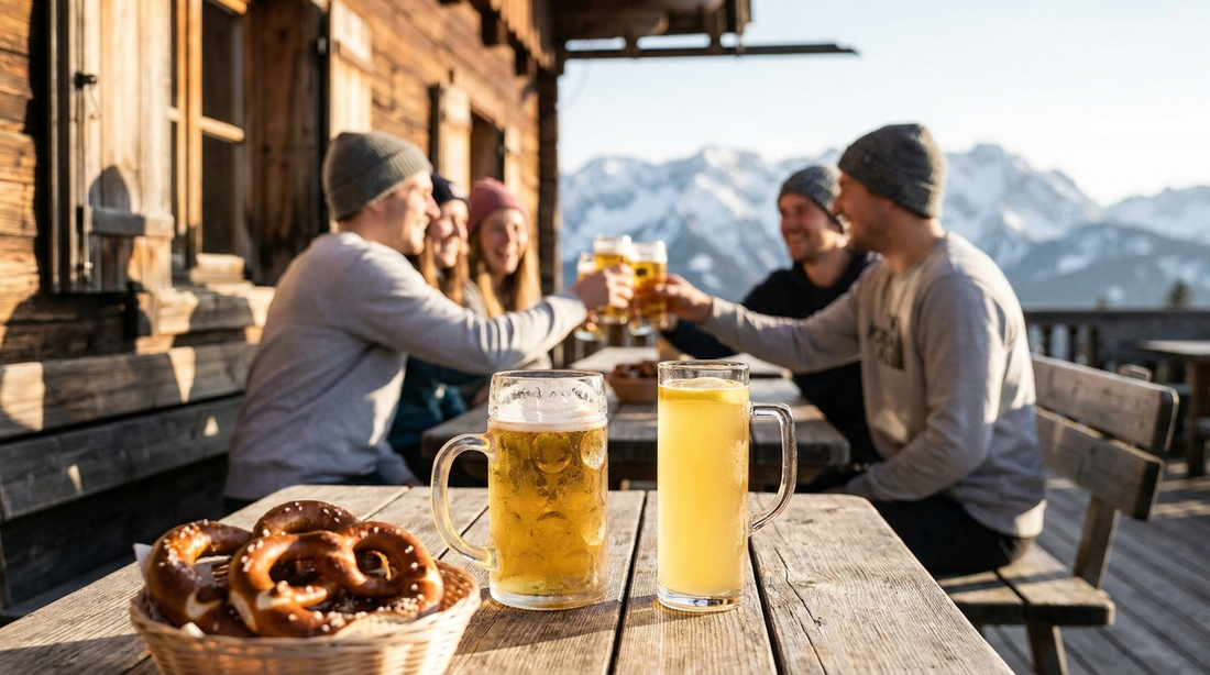 Kaltes Bier auf einer sonnigen Almterrasse mit Bergblick
