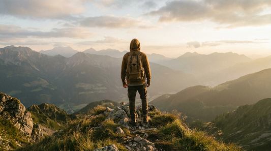 Wanderer auf einem Berggipfel im goldenen Morgenlicht