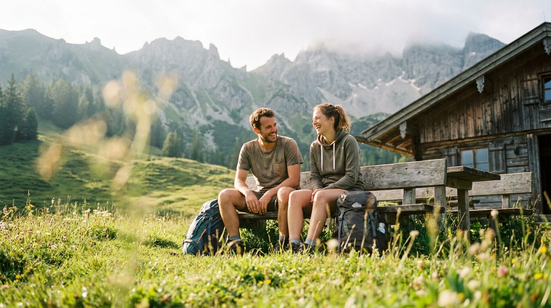 Zwei Wanderer mit Rucksäcken sitzen auf einer Holzbank vor einer Alpenhütte in sommerlicher Bergwiese