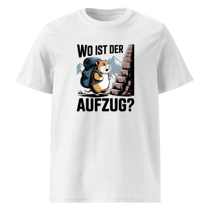 Wo ist der Aufzug T-Shirt Unisex mit Wander-Spruch, Motivdetail