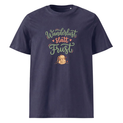 Wanderlust statt Frust Wandershirt Unisex in Navy mit Spruch-Brustdruck