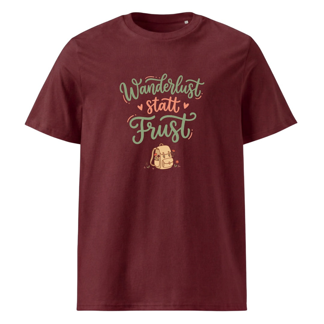 Wanderlust statt Frust Wandershirt Unisex in Burgunder mit Spruch-Brustdruck