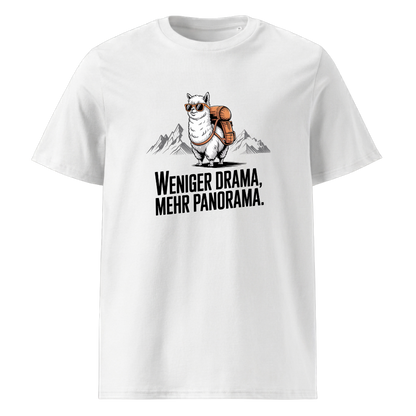 Weniger Drama T-Shirt Unisex mit Berg-Spruch, Motivdetail