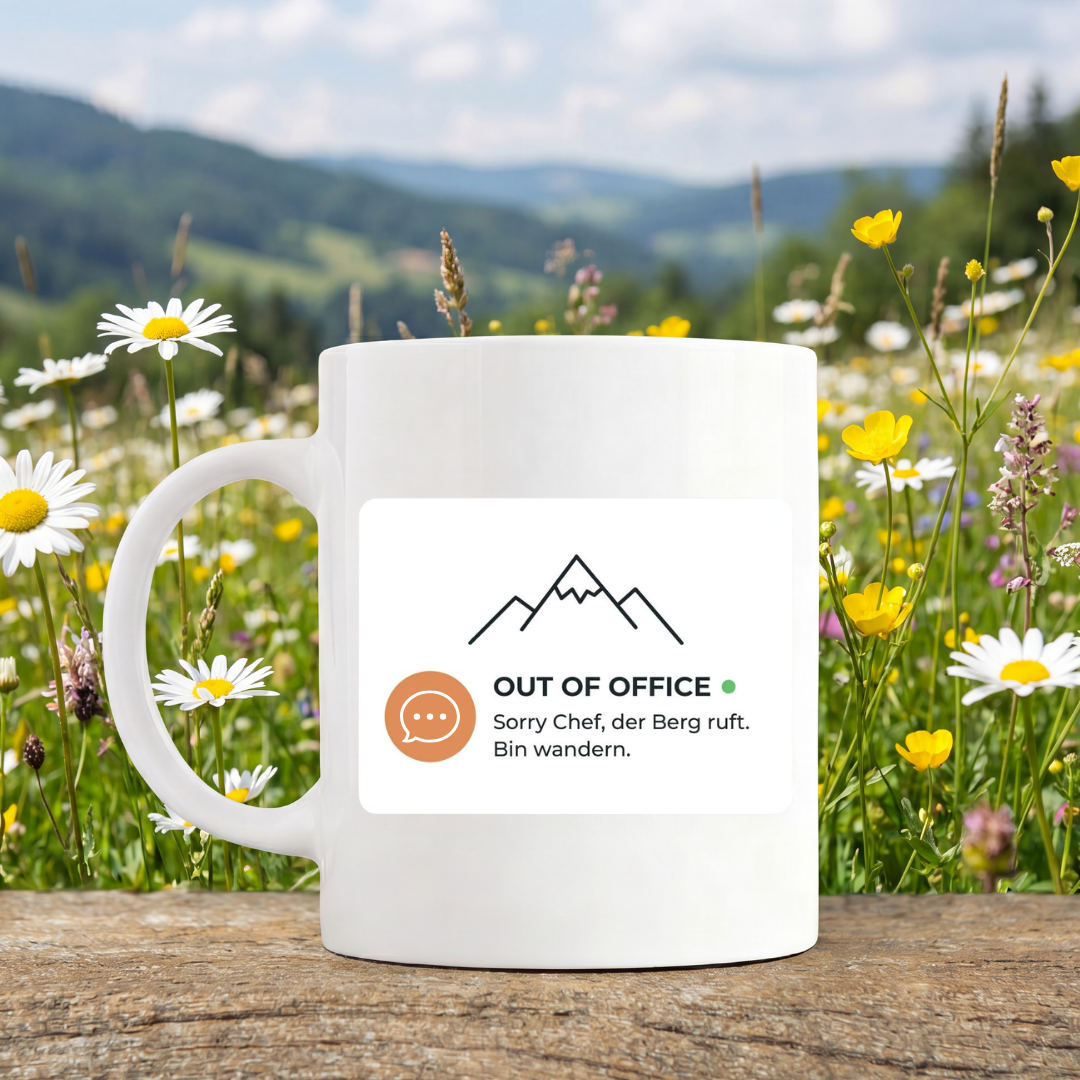 Tasse Out of Office von Kraxelgaudi, weiße Keramiktasse beidseitig bedruckt