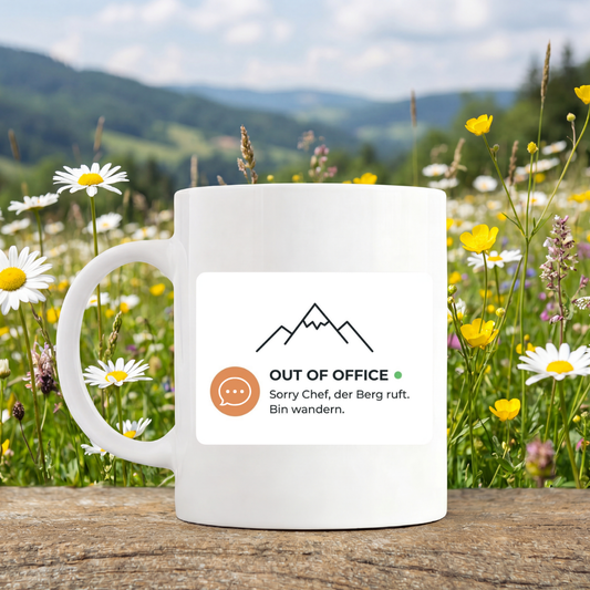 Tasse Out of Office von Kraxelgaudi, weiße Keramiktasse beidseitig bedruckt