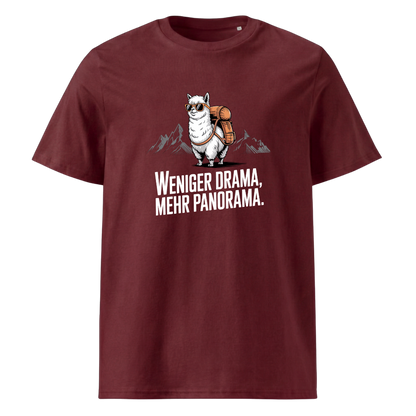 Weniger Drama T-Shirt Unisex mit Berg-Spruch, Print Nahaufnahme