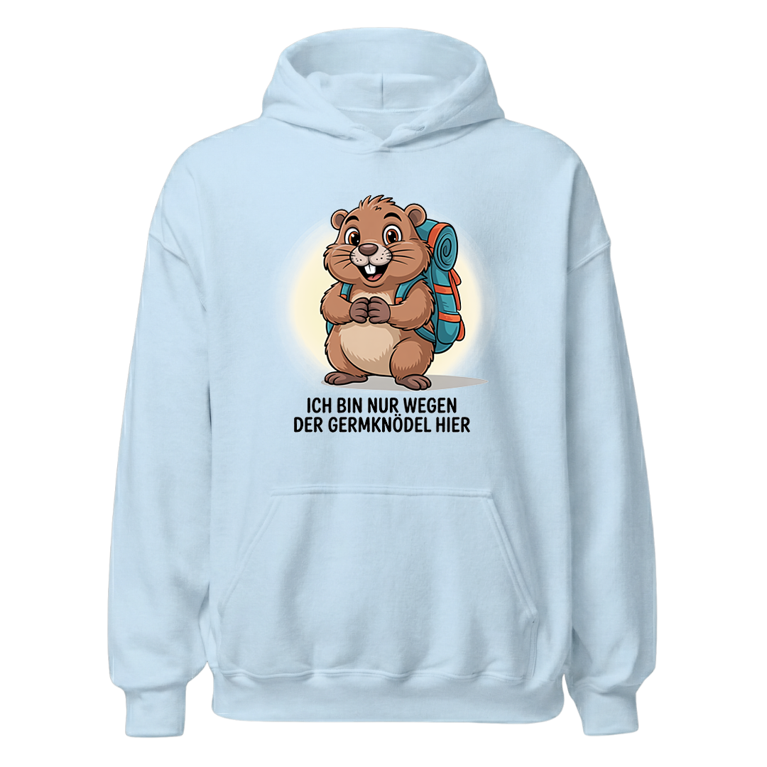 Wegen der Germknödel Hoodie Unisex mit Hütten-Spruch, Print Nahaufnahme