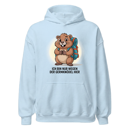 Wegen der Germknödel Hoodie Unisex mit Hütten-Spruch, Print Nahaufnahme