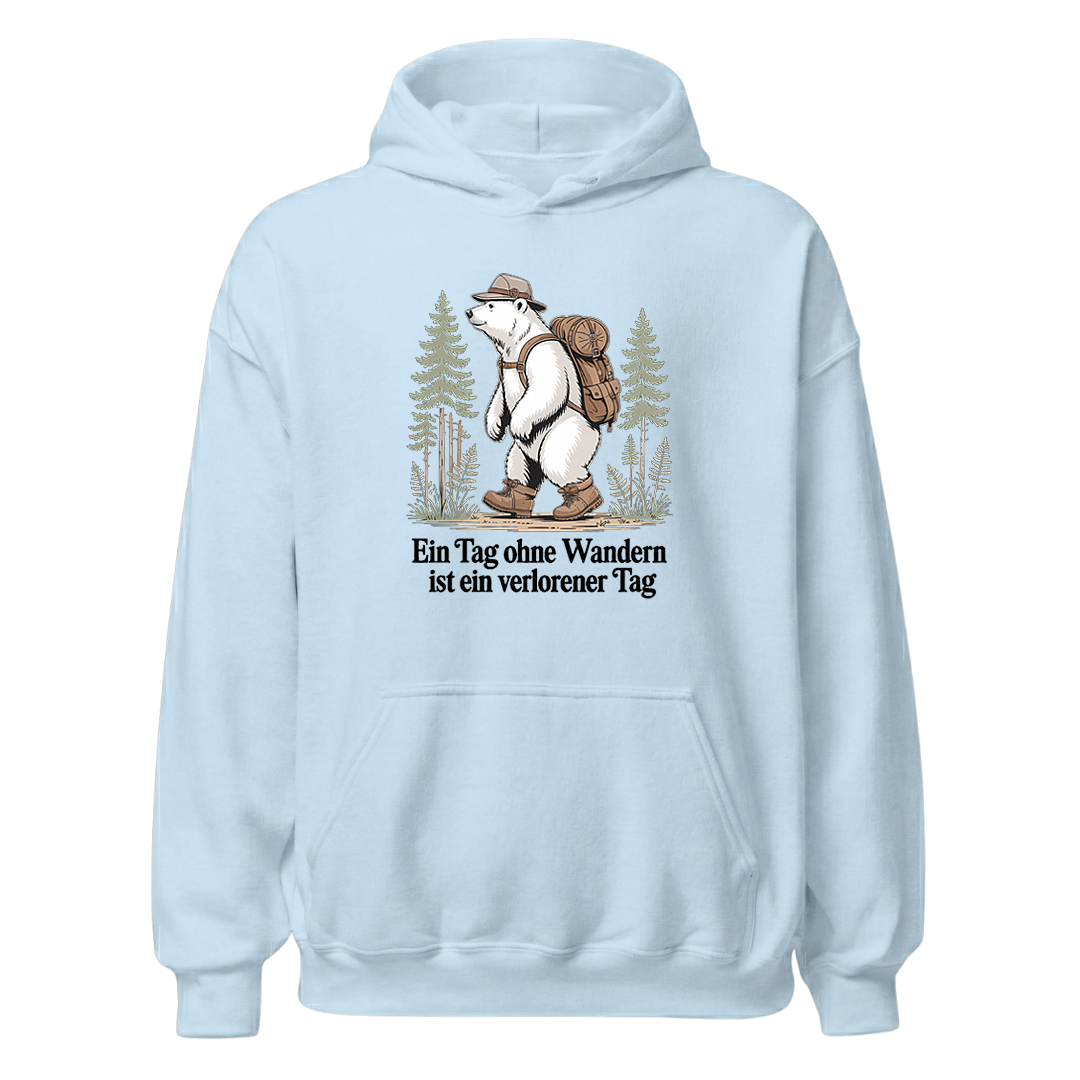 Ein Tag ohne Wandern Hoodie Unisex mit Spruch, Print Nahaufnahme