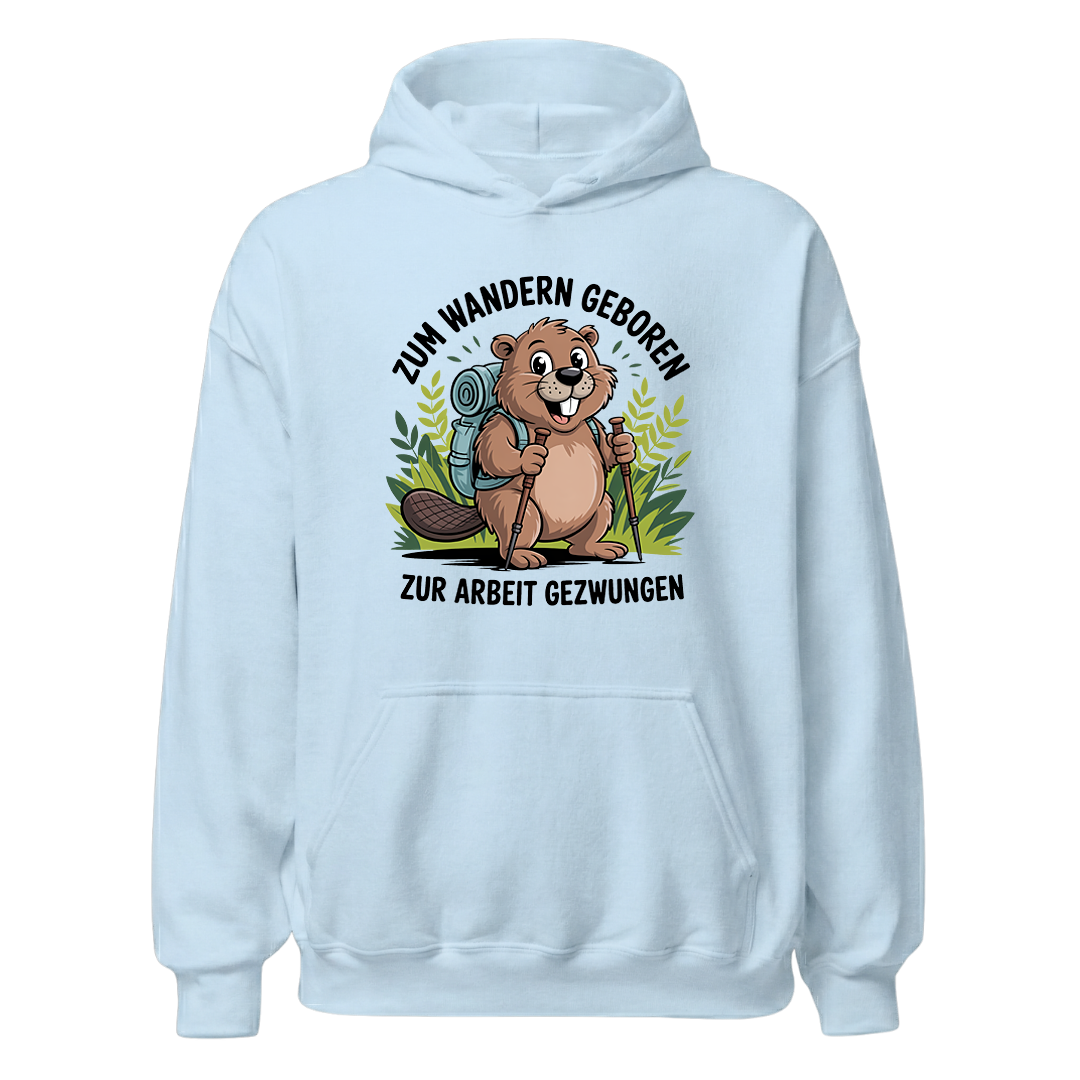 Zum Wandern geboren Hoodie Unisex mit Wander-Spruch, Print Nahaufnahme