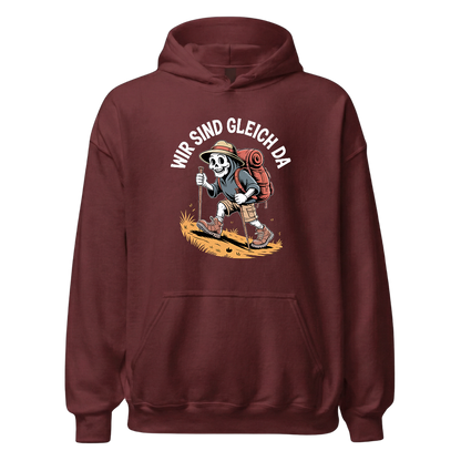 Wir sind gleich da Hoodie Unisex mit Skelett-Motiv, Detailansicht
