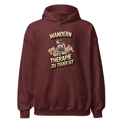 Wandern weil Therapie zu teuer ist Hoodie Unisex mit Spruch, Detailansicht