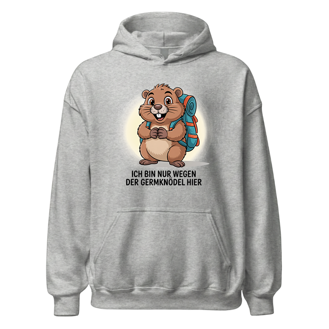 Wegen der Germknödel Hoodie Unisex mit Hütten-Spruch, Rückansicht