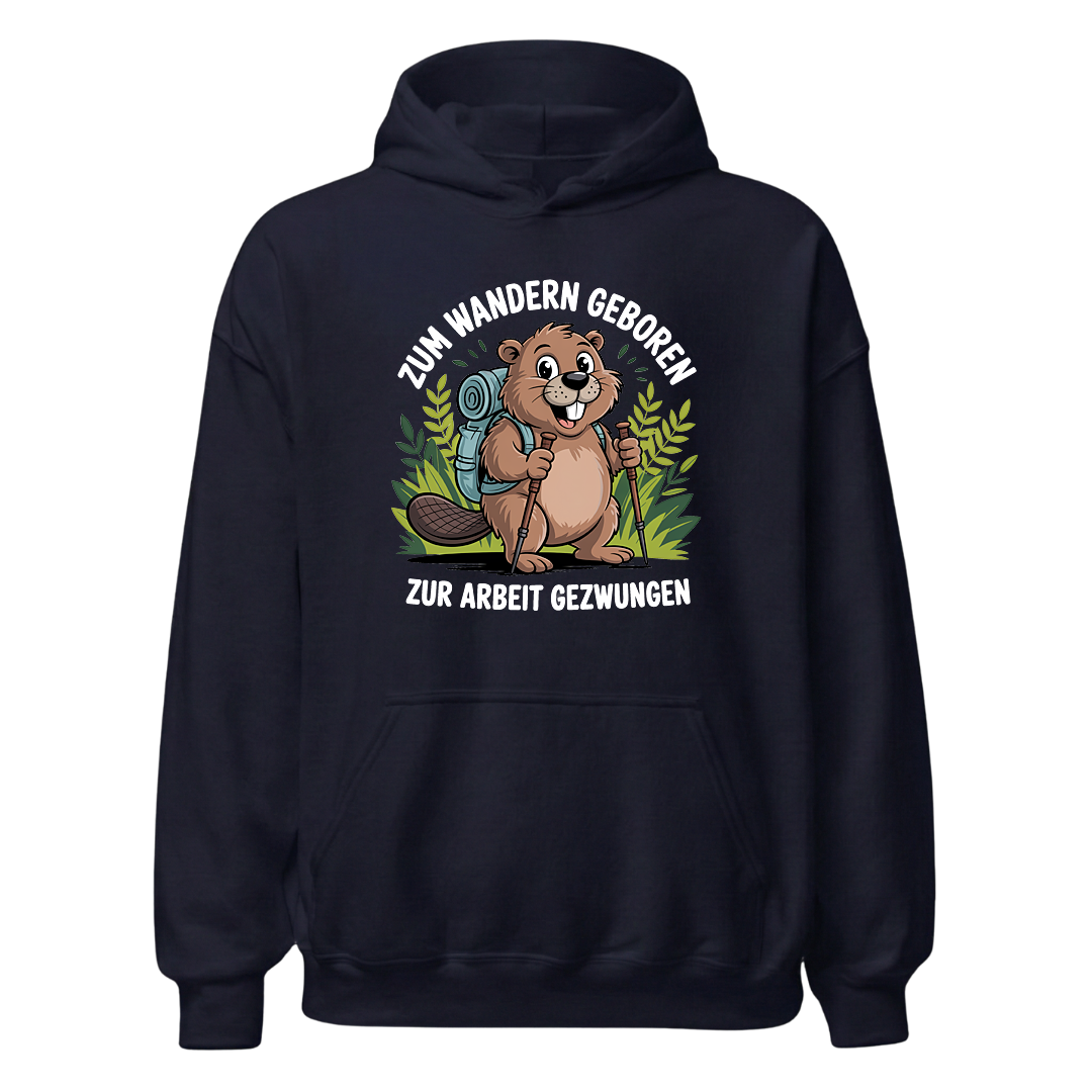 Zum Wandern geboren Hoodie Unisex mit Wander-Spruch, Designdetail