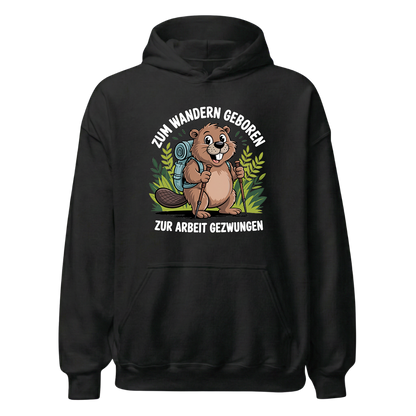 Zum Wandern geboren Hoodie Unisex mit Wander-Spruch, Frontansicht