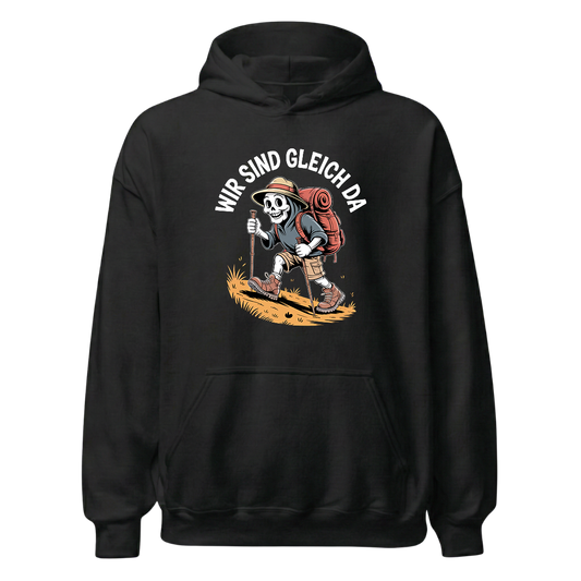 Wir sind gleich da Hoodie Unisex mit Skelett-Motiv, Frontansicht
