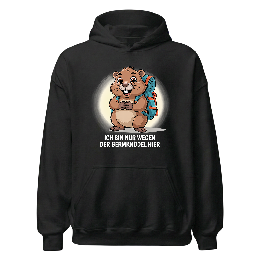 Wegen der Germknödel Hoodie Unisex mit Hütten-Spruch, Frontansicht