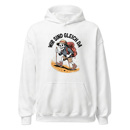 Wir sind gleich da Hoodie Unisex mit Skelett-Motiv, Motivdetail