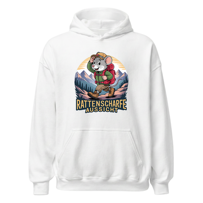 Rattenscharfe Aussicht Hoodie Unisex mit Berg-Motiv, Motivdetail