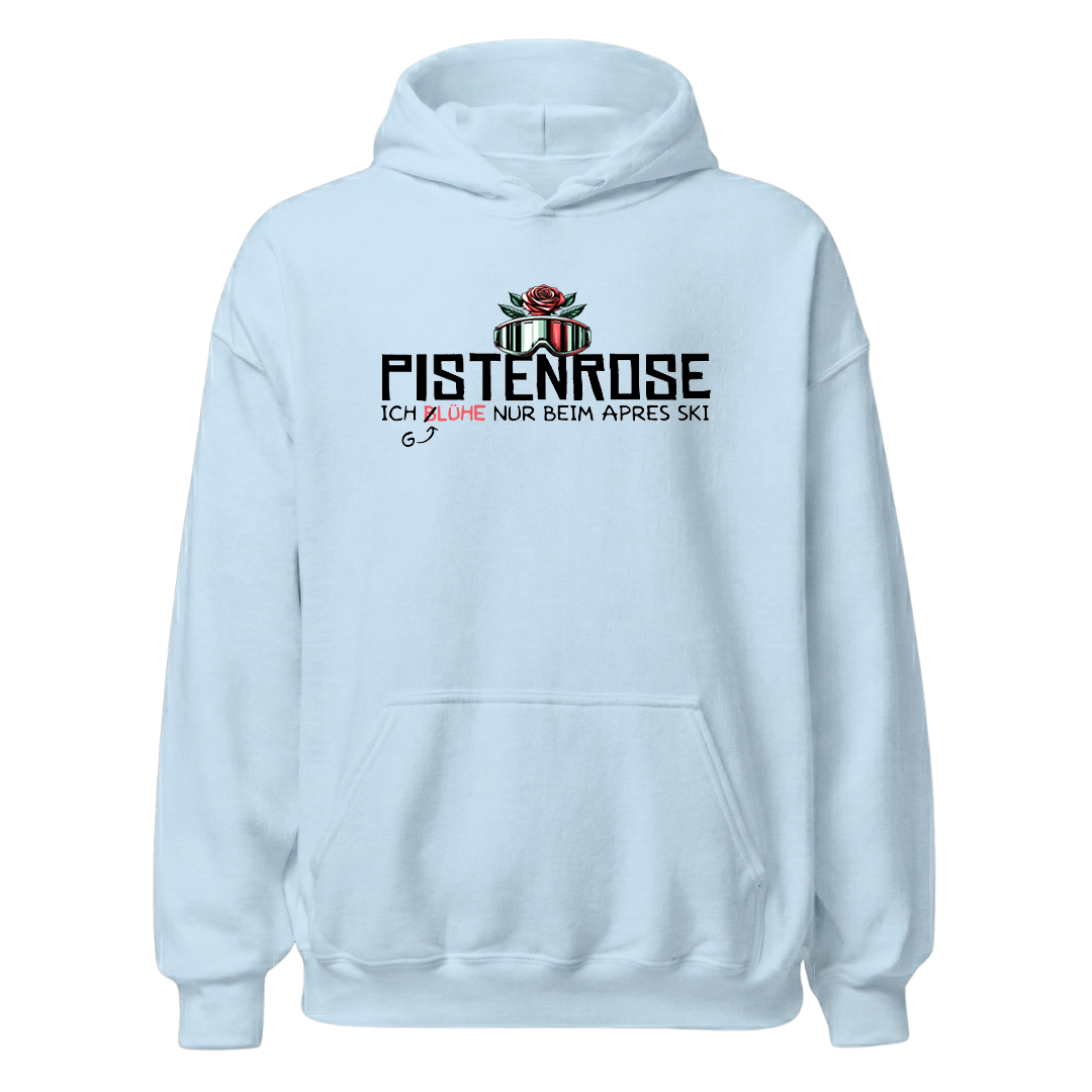 Pistenrose Hoodie mit Après-Ski-Spruch, Print Nahaufnahme
