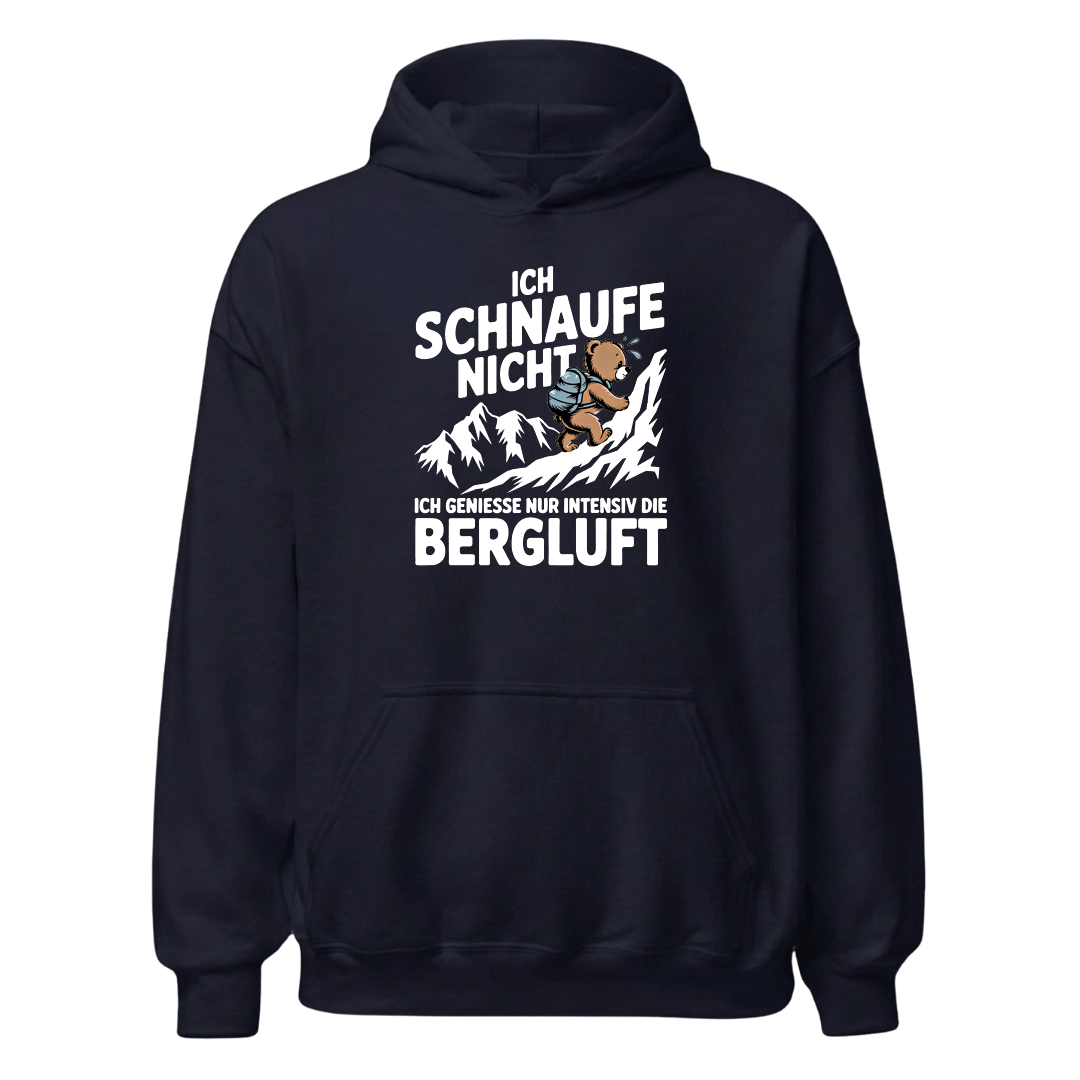 Bergluft Hoodie Unisex mit Berg-Spruch, Designdetail