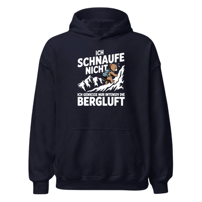 Bergluft Hoodie Unisex mit Berg-Spruch, Designdetail