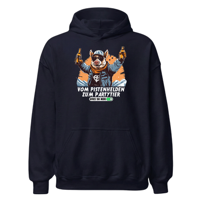 Pistenheld Hoodie mit Apres-Ski-Motiv, Designdetail