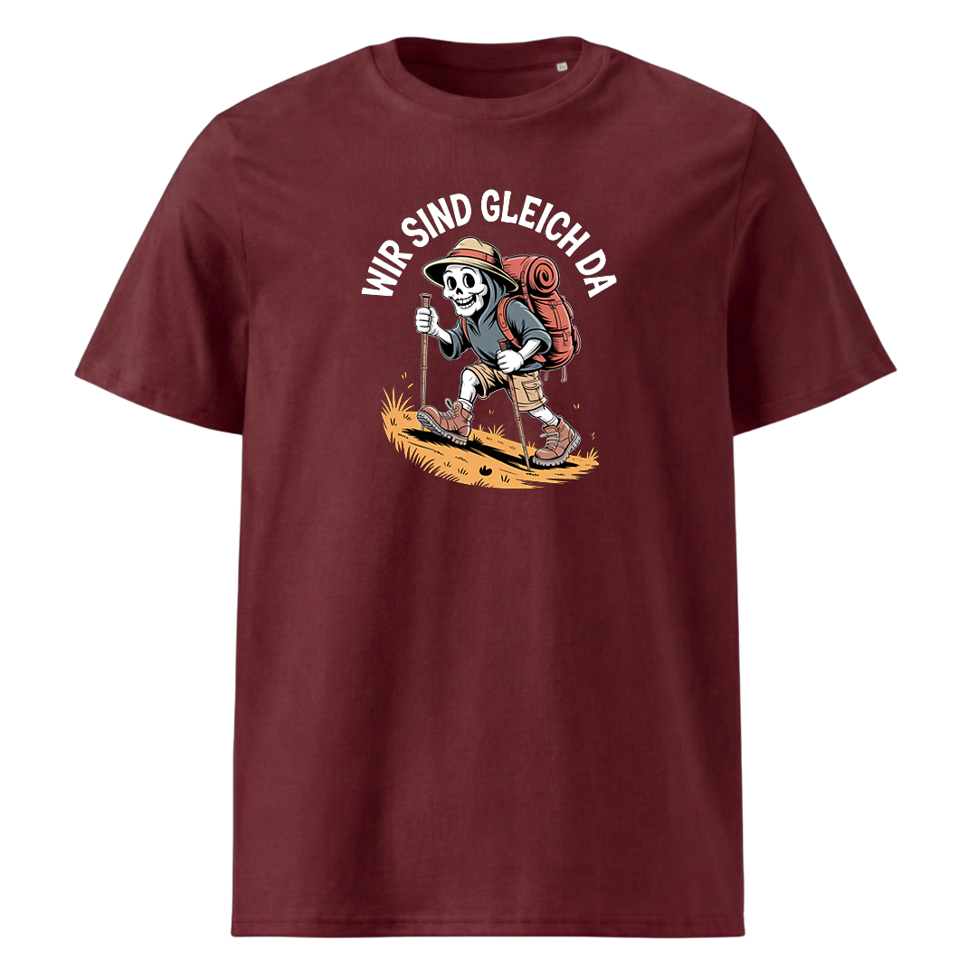 Wir sind gleich da T-Shirt Unisex mit Skelett-Motiv, Print Nahaufnahme