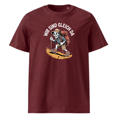 Wir sind gleich da T-Shirt Unisex mit Skelett-Motiv, Print Nahaufnahme