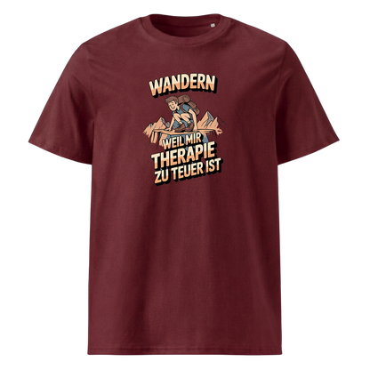 Wandern weil Therapie zu teuer ist T-Shirt Unisex mit Spruch, Print Nahaufnahme