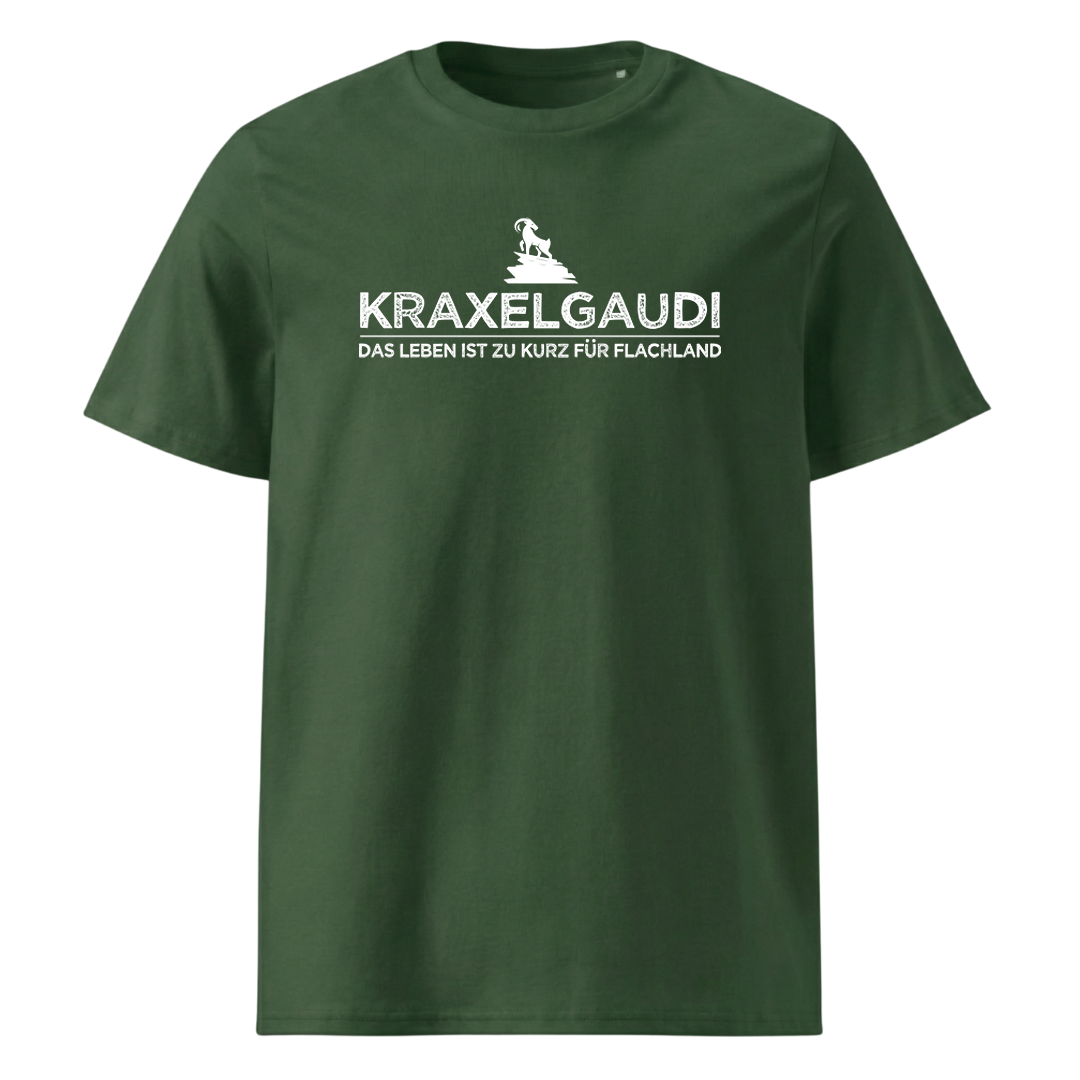 Kraxelgaudi T-Shirt Unisex mit Berg-Logo, Detailansicht
