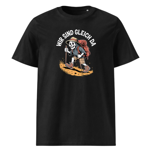 Wir sind gleich da T-Shirt Unisex mit Skelett-Motiv, Frontansicht