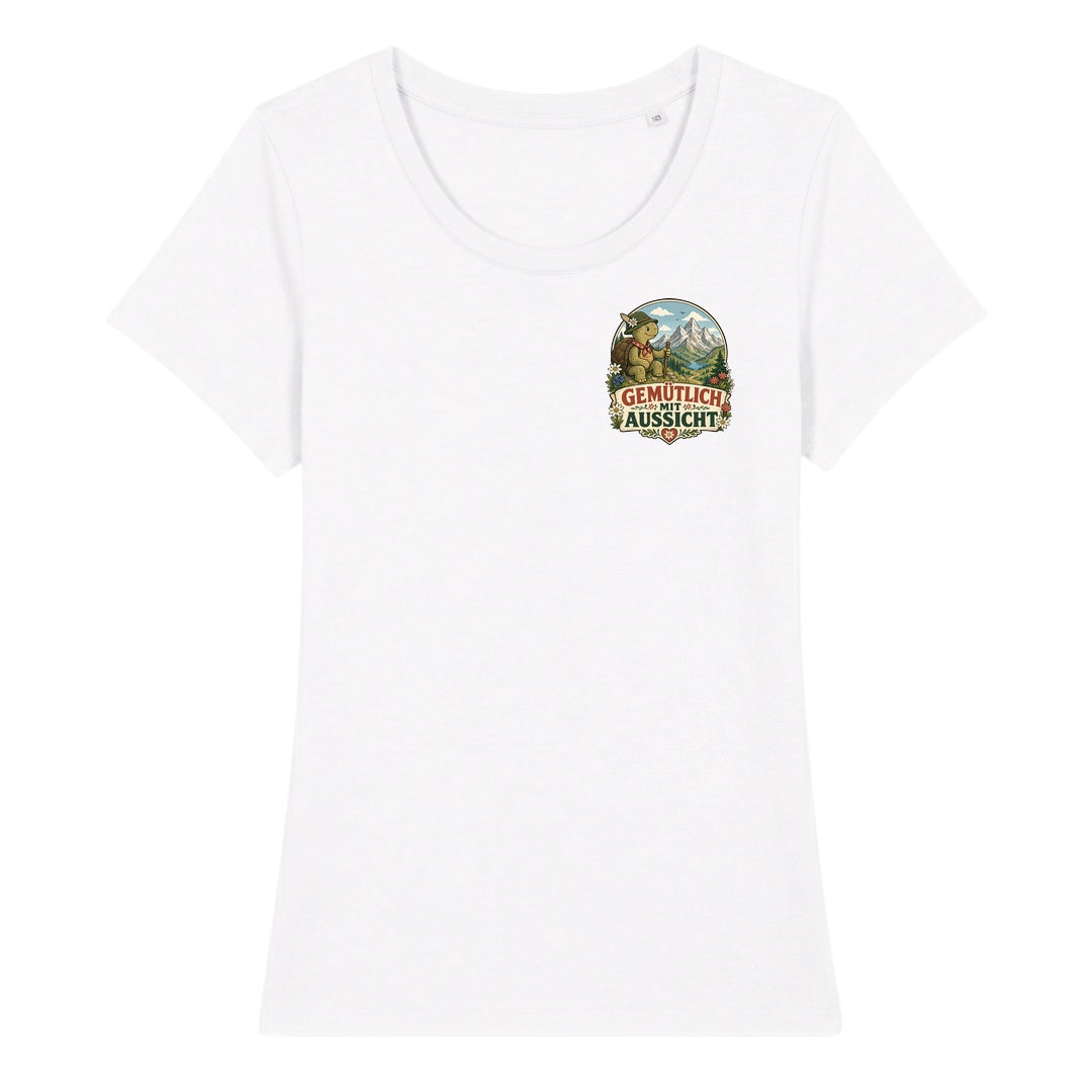 Gemütlich mit Aussicht Damenshirt mit Brustdruck, Kraxelgaudi