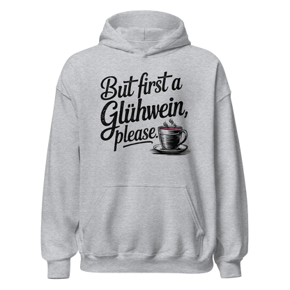 Glühwein First Hoodie mit Winter-Spruch, Frontansicht