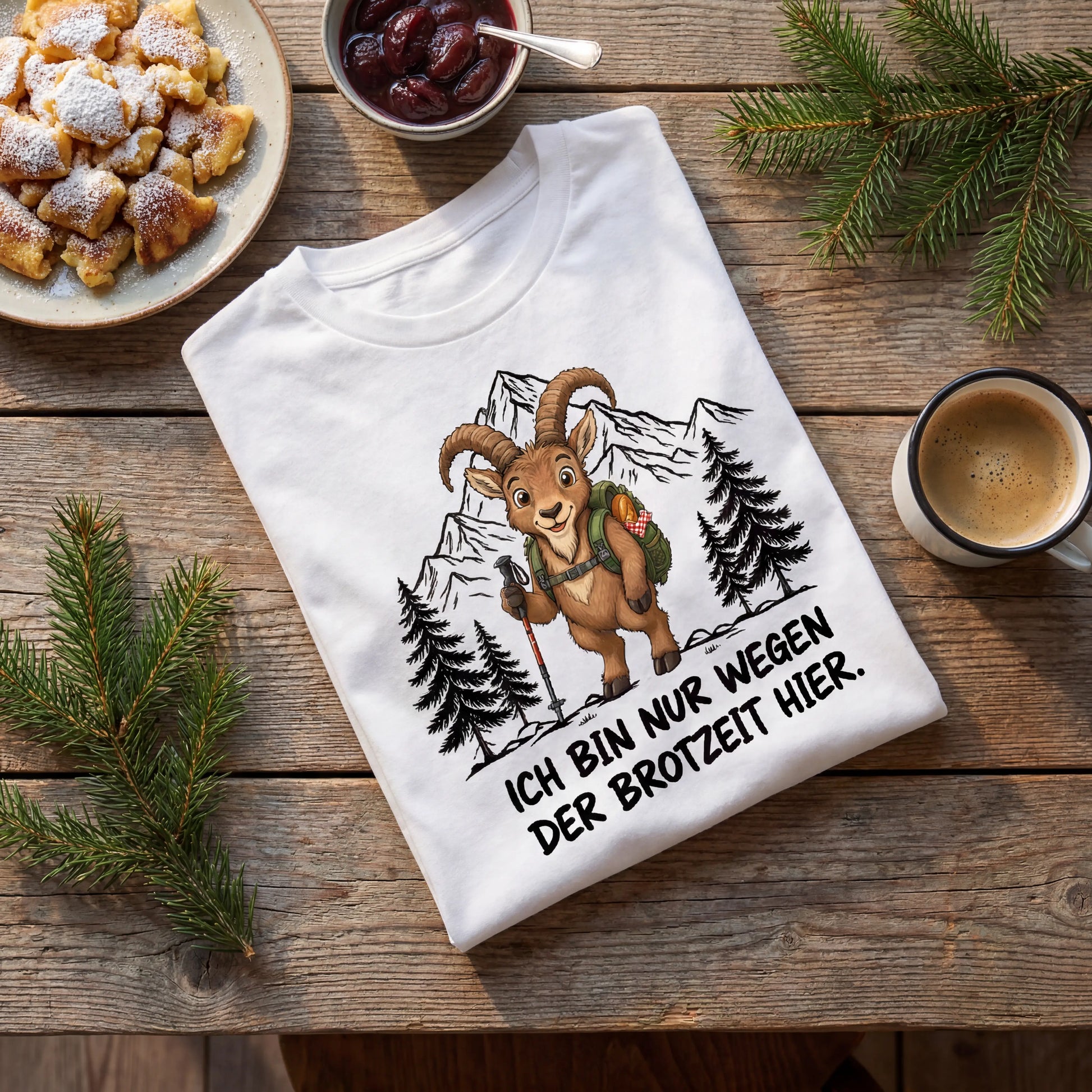 Brotzeit Steinbock T-Shirt Unisex Flatlay Weiß gefaltet