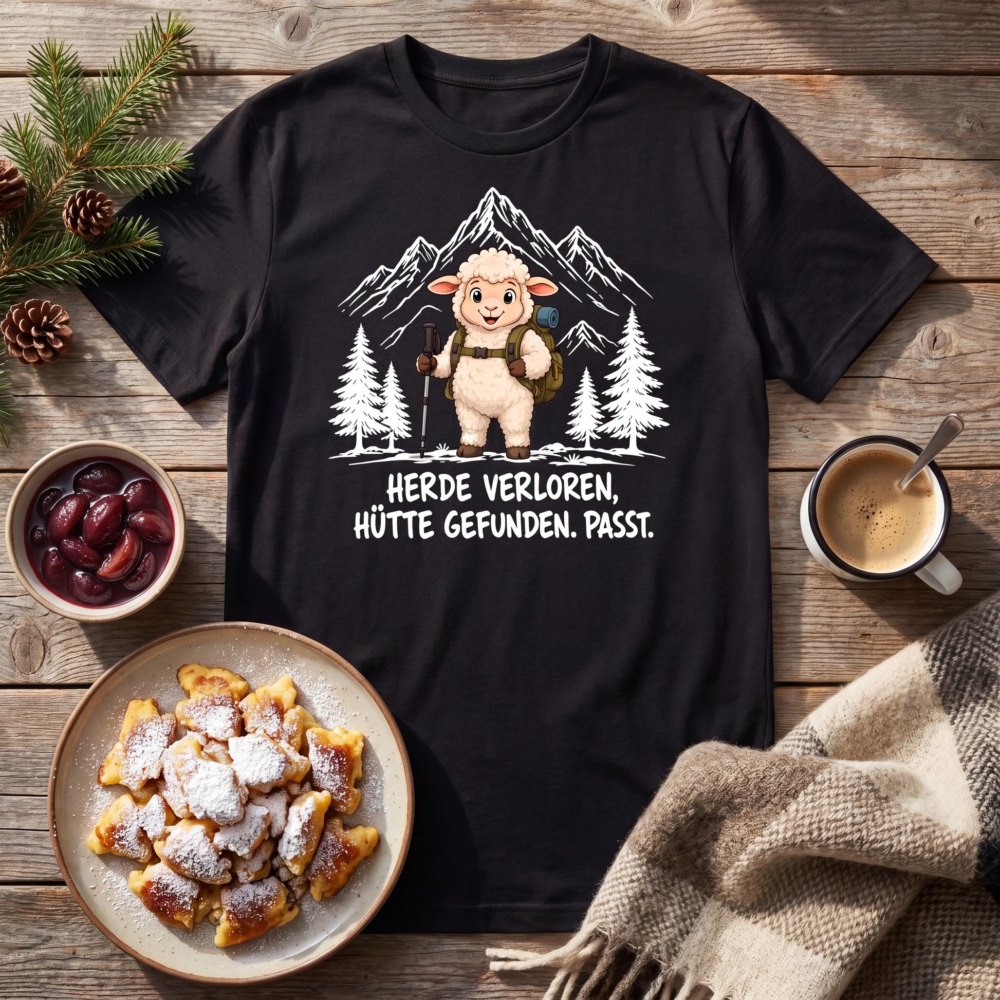 Hütte Schaf T-Shirt Unisex Flatlay