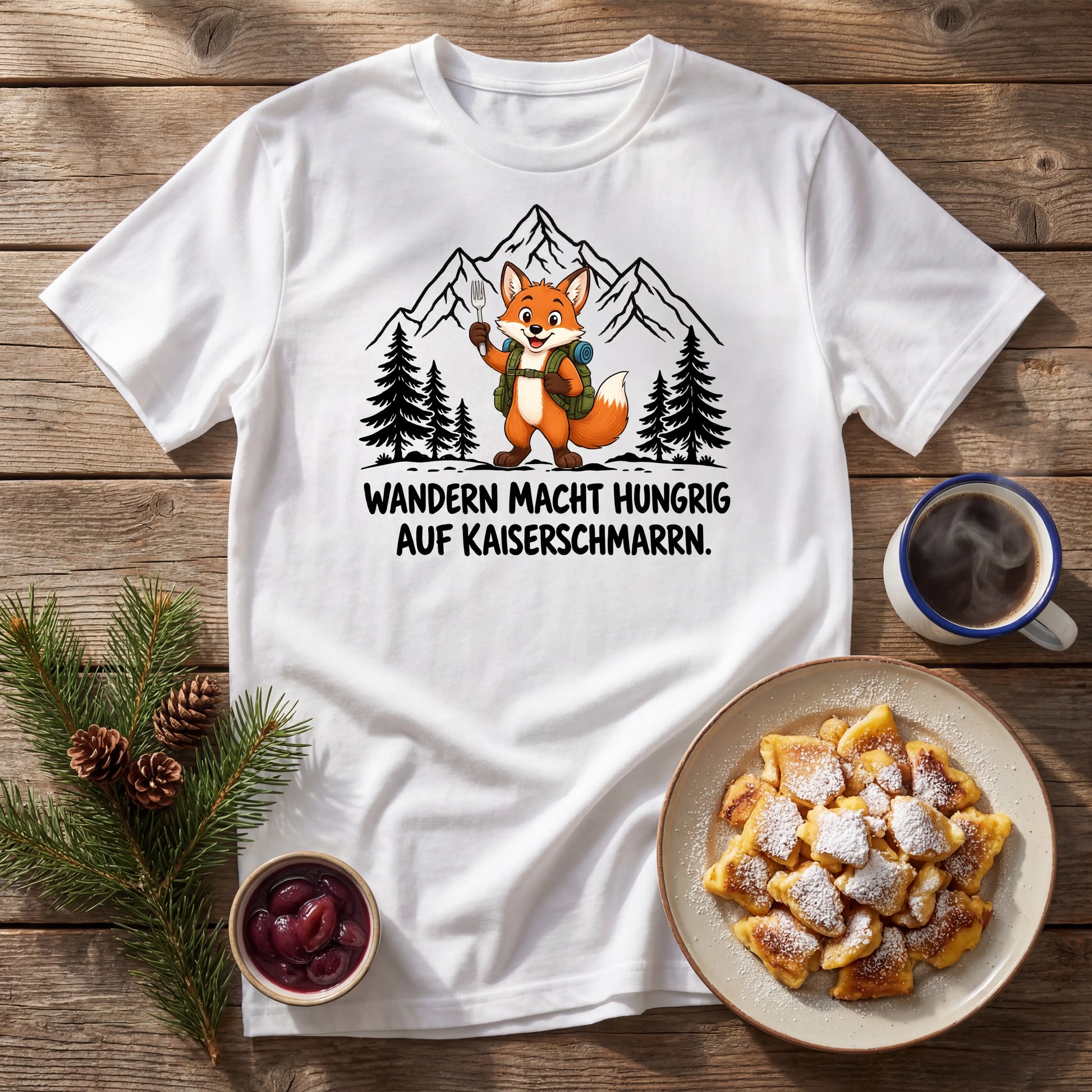 Kaiserschmarrn Fuchs T-Shirt Unisex Flatlay Weiß gefaltet