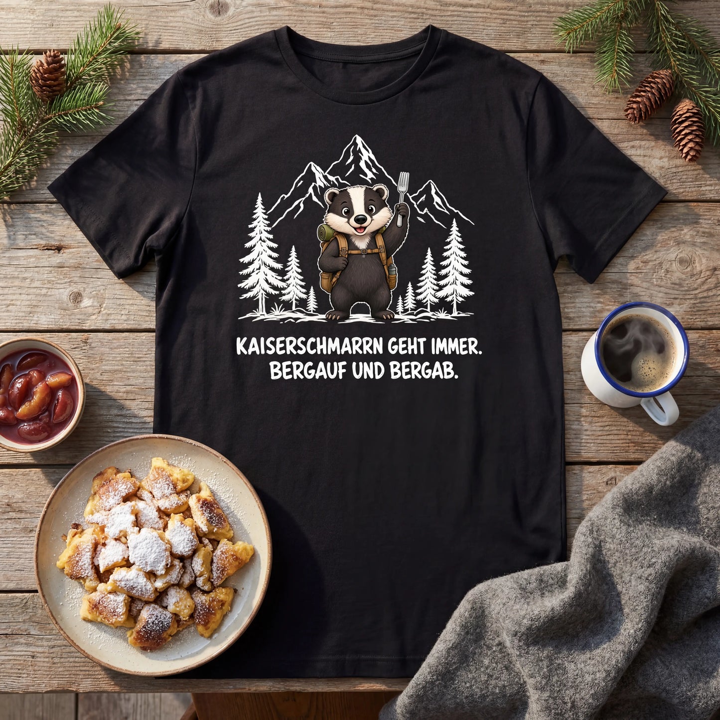 Kaiserschmarrn Dachs T-Shirt Unisex Flatlay