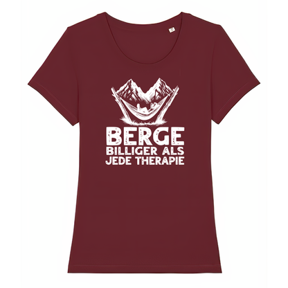 Bergtherapie Frauen Shirt mit Wander-Spruch, Print Nahaufnahme