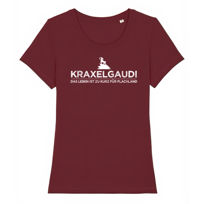 Kraxelgaudi Frauen Shirt mit Berg-Logo, Print Nahaufnahme