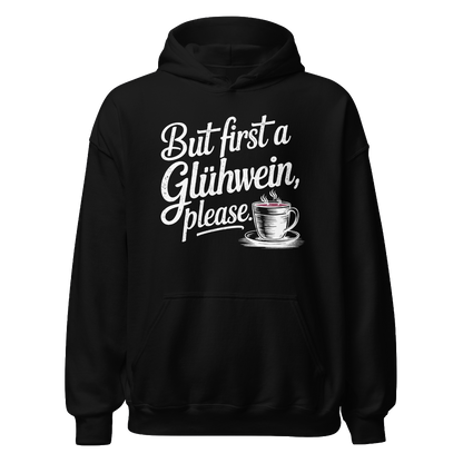 Glühwein First Hoodie mit Winter-Spruch, Print Nahaufnahme
