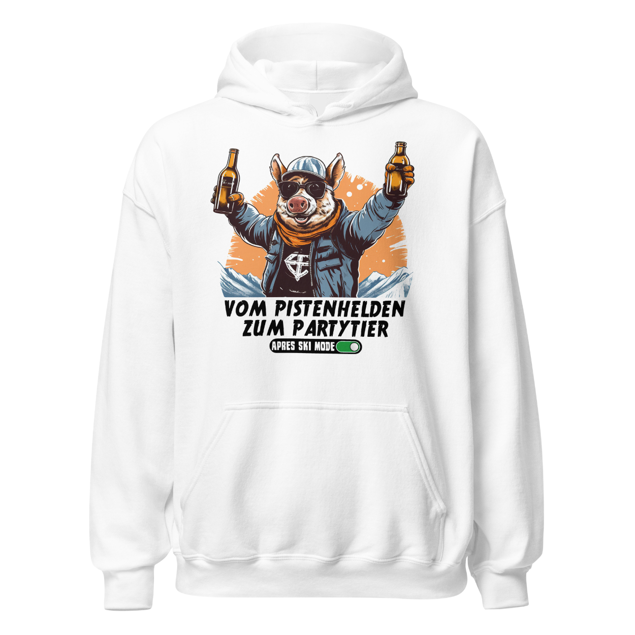 Pistenheld Hoodie mit Apres-Ski-Motiv, Motivdetail