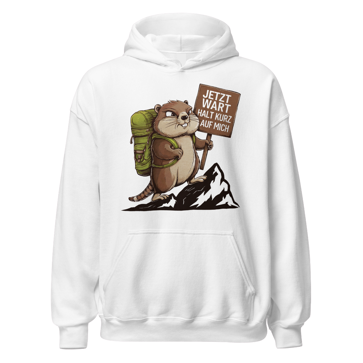 Warte kurz Hoodie Unisex mit Murmeltier-Motiv, Motivdetail