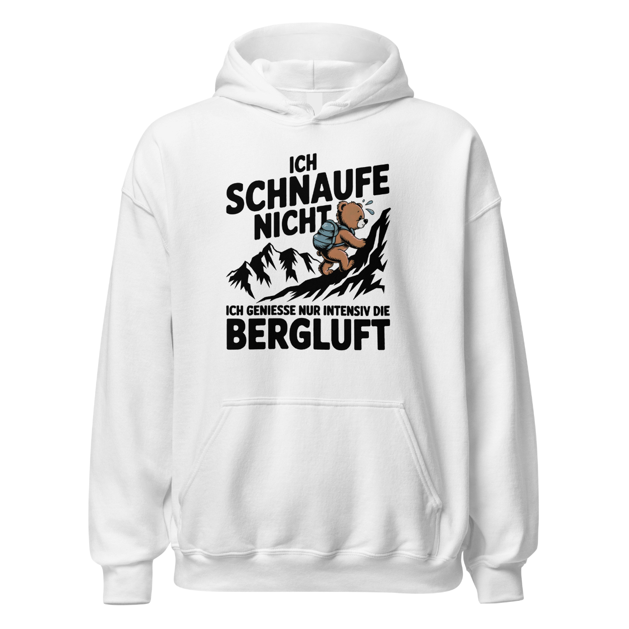 Bergluft Hoodie Unisex mit Berg-Spruch, Motivdetail